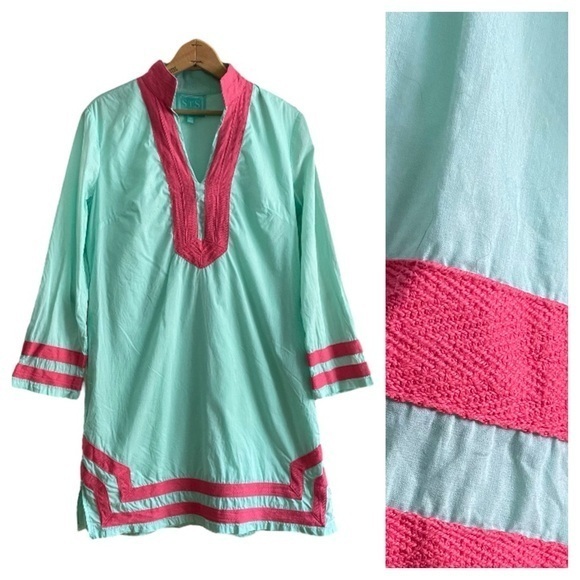 Sail to Sable Seafoam Mint Green Pink Trim Tunic Dress - Picture 1 of 16